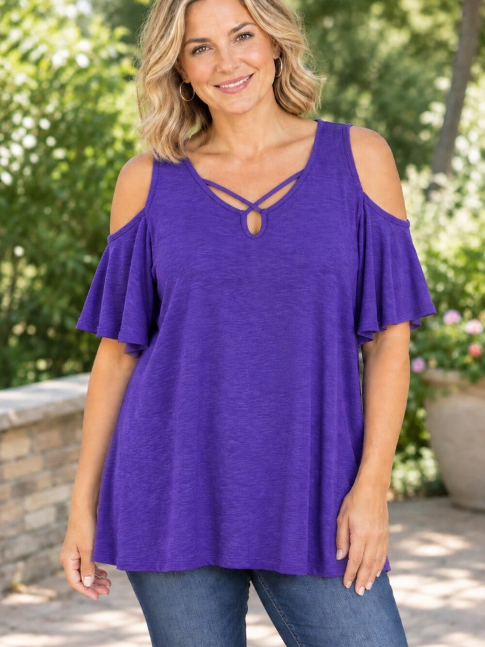Catherines Women’s Top 2X 22/24W Purple Cold Shoulder Boho
